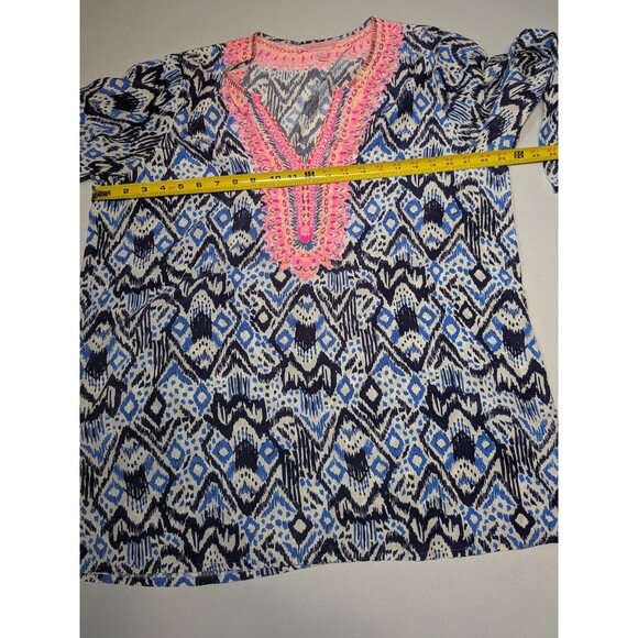 Lilly Pulitzer XL100% Silk Blue Renato Tunic Top Shirt Beaded Neckline Embellish - Picture 10 of 14